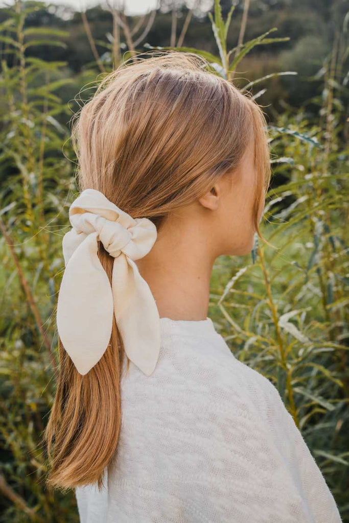 zero waste knot bow scrunchie - easy to style. Beige.